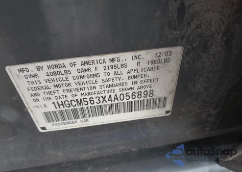 2004 Honda Accord 2.4 Lx из США, поврежденный, VIN 1HGCM563X4A056898